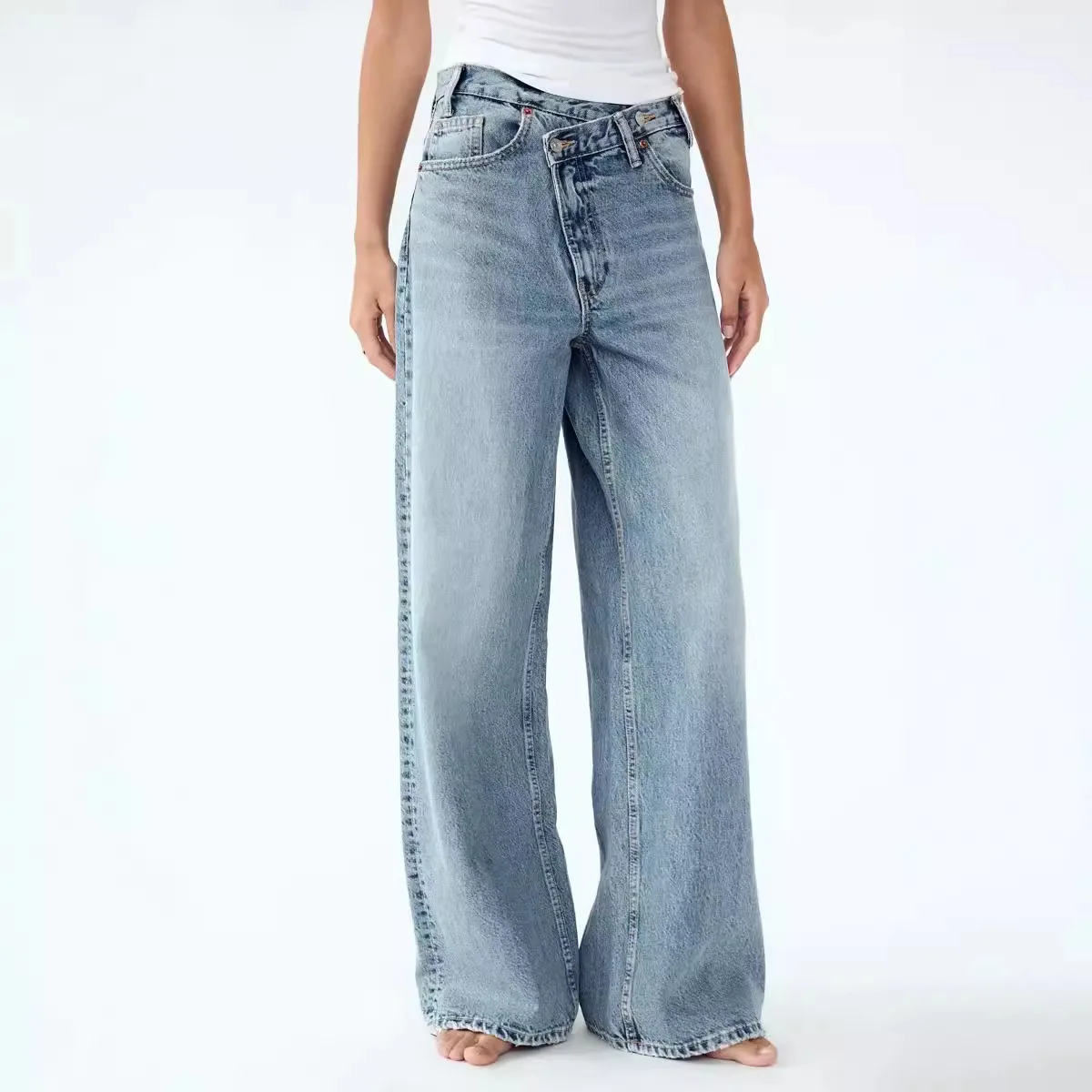 Women's New Fashion Asymmetric Waist Design Loose High Waist Casual Wide Leg Jeans Retro Side Pocket Women's Denim Pants