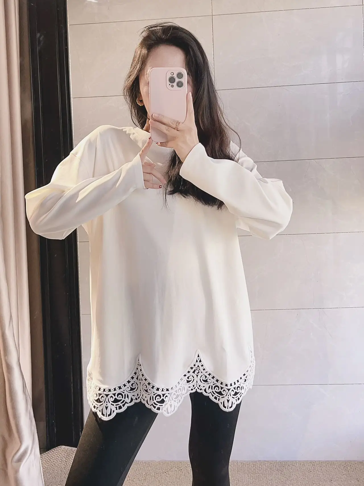 

Romantic Faionable White Lace Hook Flower Hollow Splicing T-irt Princ Sle French Loose Fit Long Sve Cotton Top