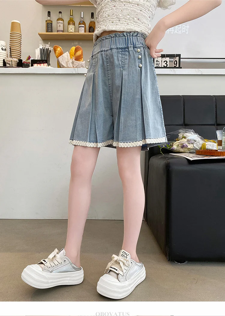 Sommer-Jeansshorts für Kinder mit Spitze am Saum, für Mädchen, elegante, plissierte Mini-Jeansshorts mit Perlen, Größe 5, 7, 9, 11, 13, 14 Jahre. – Detail 7