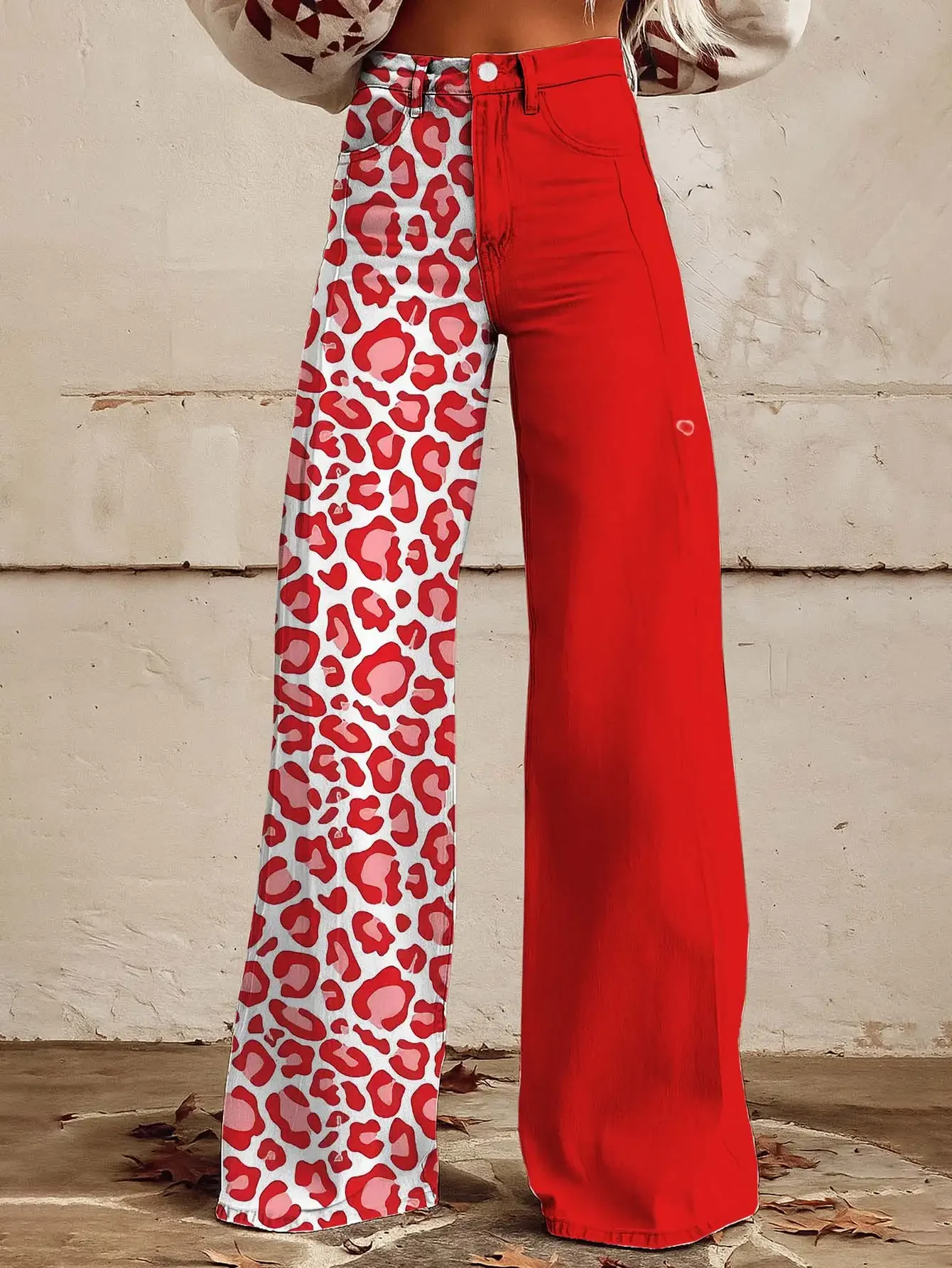 

Women's new printed jeans with denim like fabric, casual and fashionable, Red background and leopard print combination