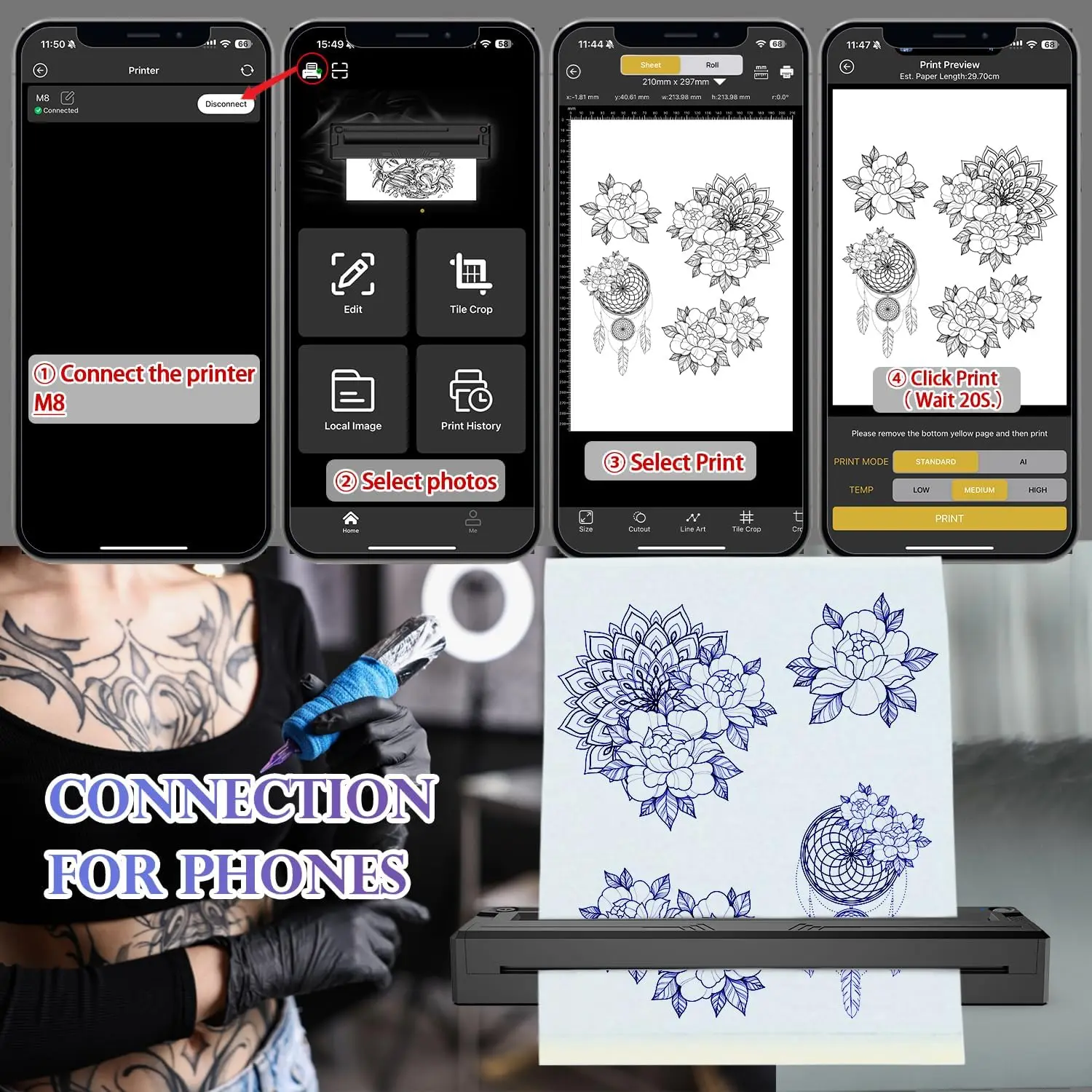 Beginners&Tattooists Wireless Thermal Tattoo Printer Portable Bluetooth Mini Tattoo Stencil Printer Works for Phone/Tablet/PC