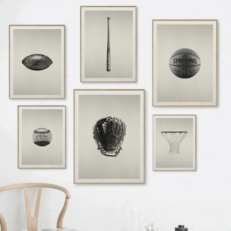 Vintage Sports Posters Set Basketball Hoop American Football Baseball Art in Minimalist Black and White for Man Cave Decor Gift
