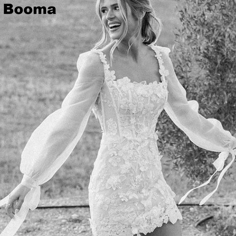 

Booma Princess Mini Wedding Dresses Appliques Long Puff Sleeves Fitted Slim Brides Dresses Prom Gowns for Wedding Party vestidos