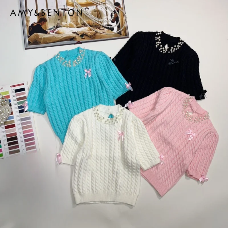 French Style Luxury T-shirt 2024 Autumn Handmade Beaded Collar Age-Reducing Bow Girly Temperamental Short Sleeves O-neck Sweater