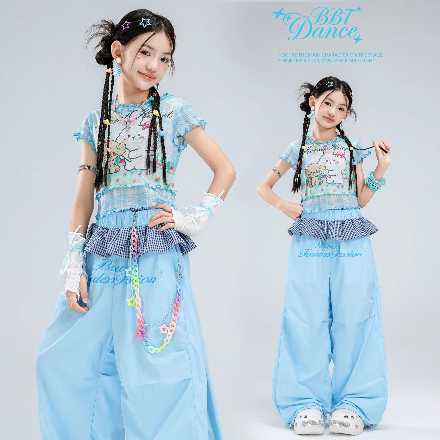 Sweet Heart Bunny Puppy Printed Girls Mesh Tee Wide Leg Pants Set kids Blue Plaid Ruffle Kids Street Dance Performance Outfit