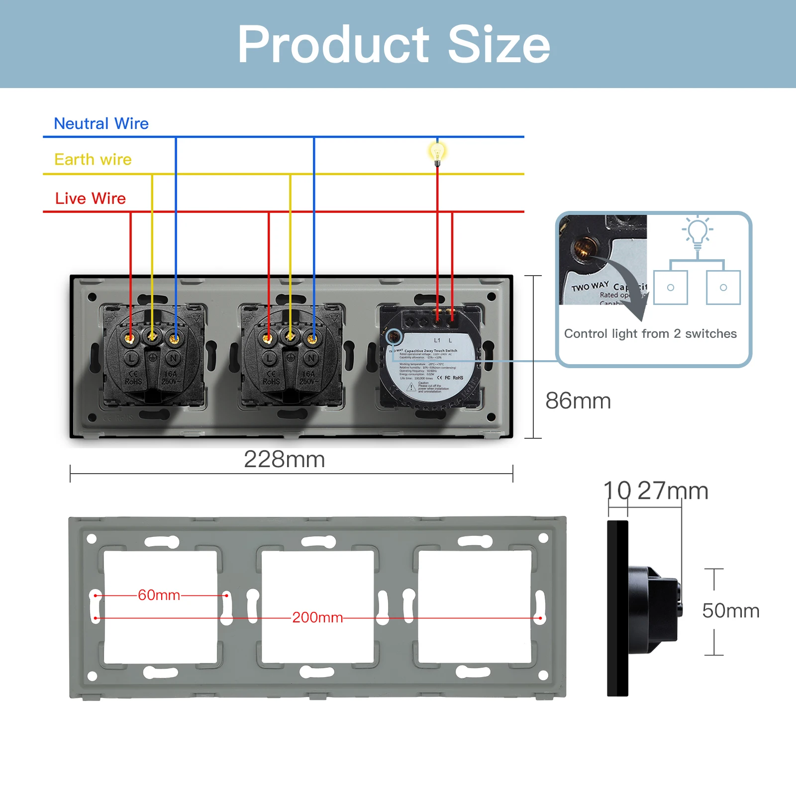 BSEED Touch Light Switches 2Way Wall Switches 1/2/3Gang LED Switches Blue Backlight EU Standard Sockets Home USB Phone Charge