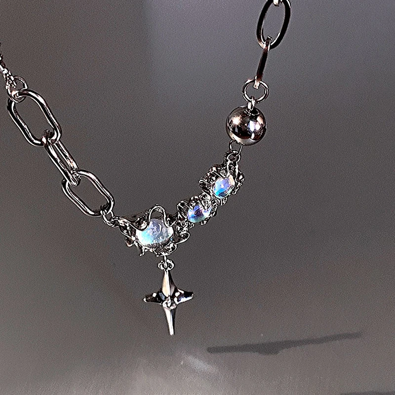

Trendy Bling Moonstone Star Cross Pendant Necklace for Women Punk Hip Hop Star Chain CrystalNecklace Party Y2K Jewelry Gift