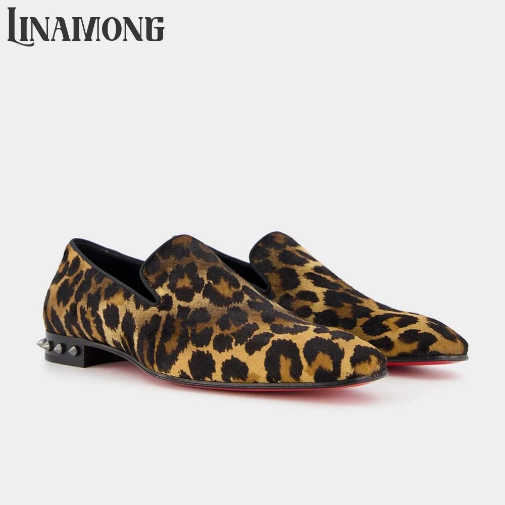 Leopard Print Studded Heel Loafers Punk Style Dress Shoes for Men Satin Designer Handicrafted Slip on Elegant Shoes for Banquet