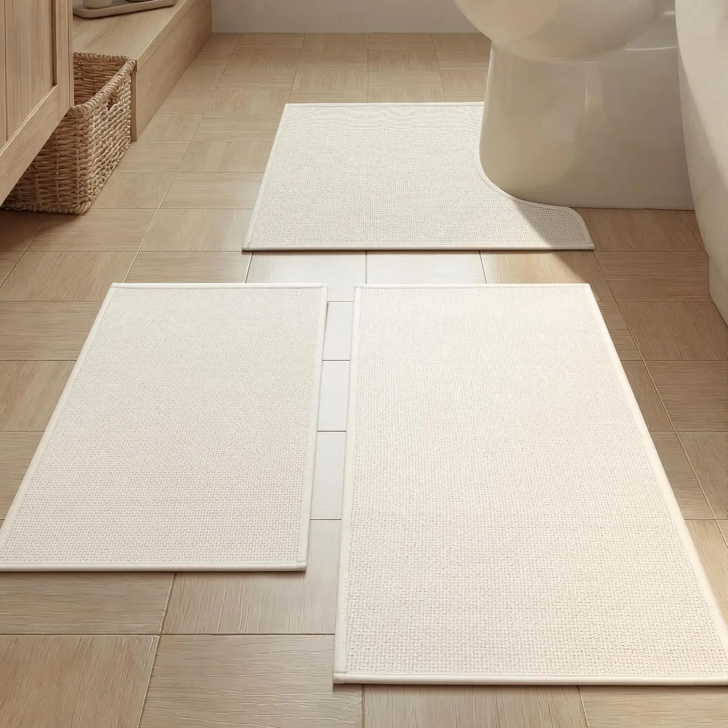 

Bathroom Rugs Mats Sets 3 Pieces Beige, Ultra Thin Bath Mat Absorbent Non Slip Bath Rugs for Bathroom Washable, Shower,
