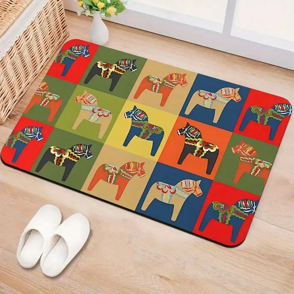 1pc, Interesting Horse Pattern Bath, Swedish Folk Art Non-Slip Shower, Washable, Suitable Living Room, Bedroom, Bathroom, Kitchen, Study, Computer Room, Indoor