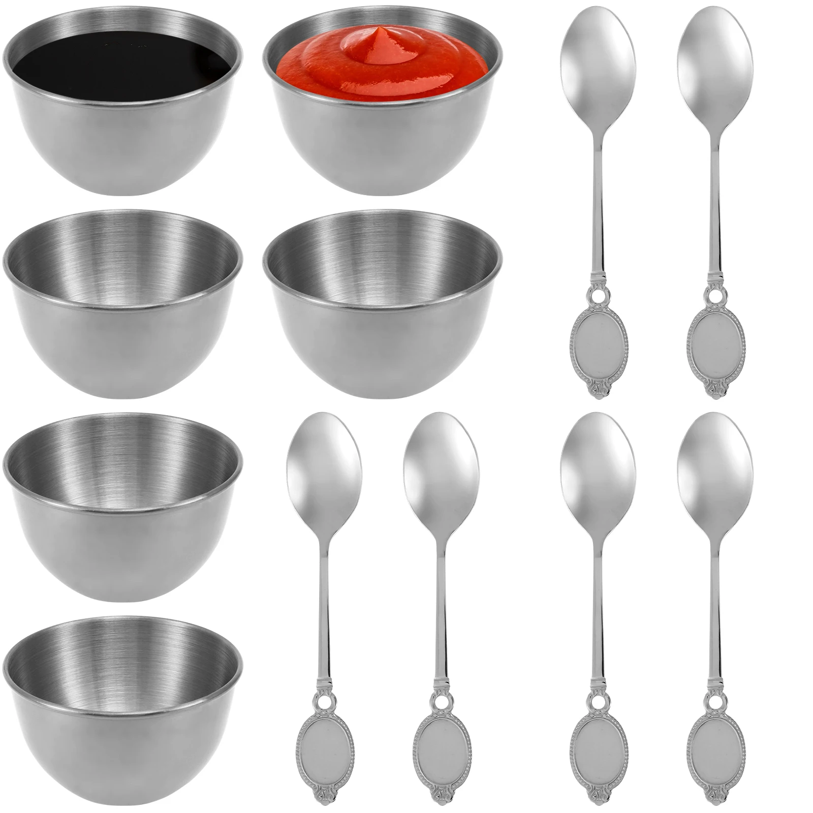 6Pcs Sauce Dishes with Spoons Stainless Steel Sauce Dipping Bowl Stackable Mini Sauce Dipping Cups Portable Seasoning Dishes