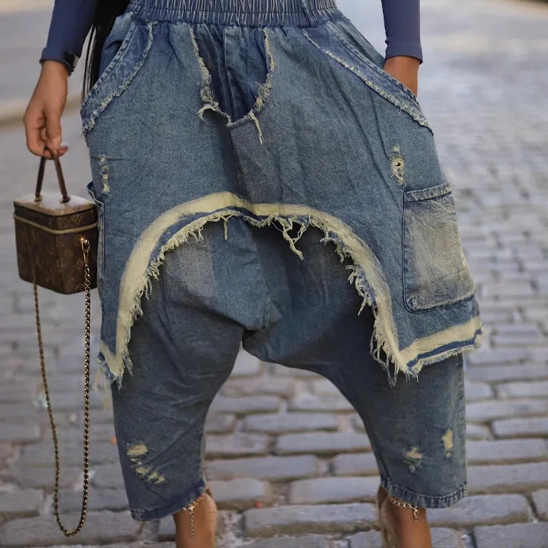 

Women Fashion Loose Denim Harem Pants Elastic Waist Holes Tassel Pockets Jeans Trousers Casual Hip Hop Streetwear Bottoms