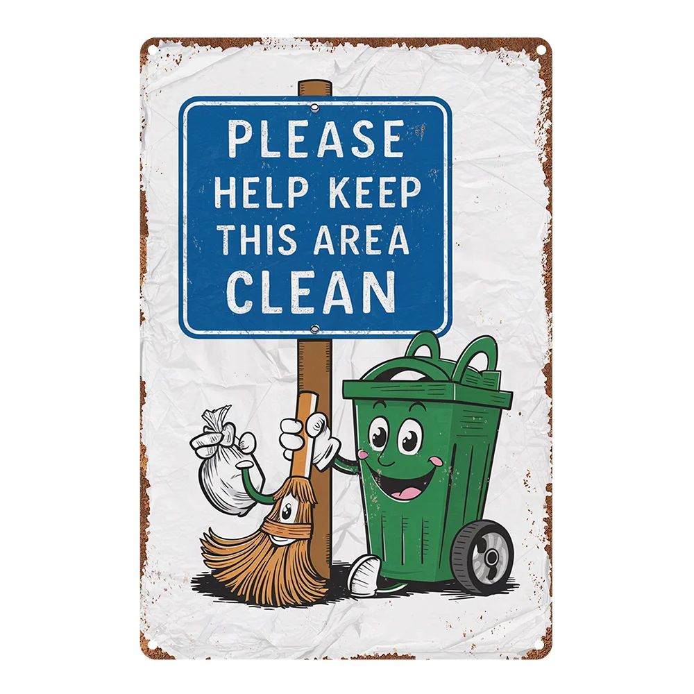 2D Flat - One Vintage-Style Aluminum Sign Featuring a Cute Trash Can And Broom Design That Says, 'Please Help Keep This Area Cle
