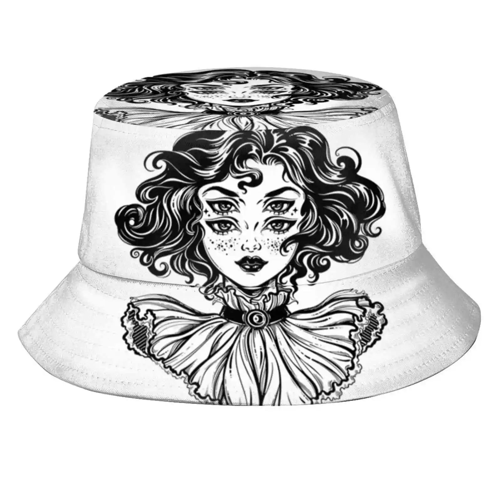 Gothic Witch Girl Head Portrait With Curly Hair And Four Eyes. Unisex Fashion Women Men Breathable Bucket Hats Alchemy