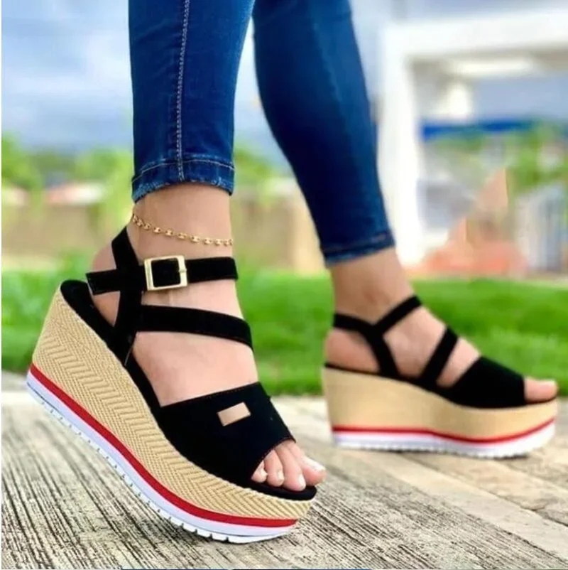 Women Summer Woven Wedge Roman Sandals Women Retro Ankle Buckle Chunky Platform Sandles Woman Open Toe Thick Bottom Sandalias