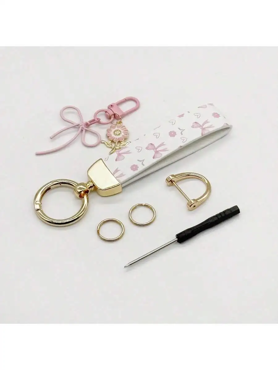 

Floral Bow Keychain With Leather Strap And Charm For Women