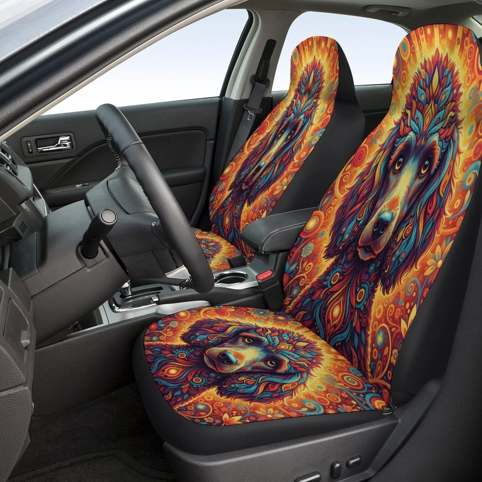 Psychedelic Dog Portrait Themed Car Seat Cover Set For Most Cars, Trendy High-quality Car Seat Protector Covers Full Set, Car S