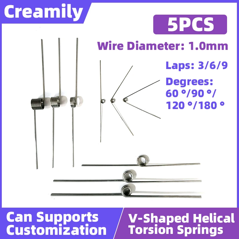 

Creamily 5PCS V-Shaped Helical Torsion Springs Wire Diameter 1.0mm Angle 60 90 120 180 Degrees 3 Laps/6 Laps/9 Laps Spring Clip