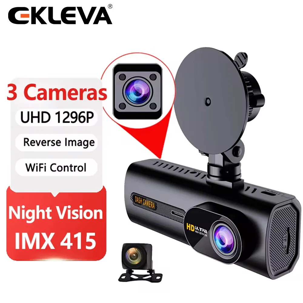 EKLEVA 3 Channel Dash Cam 2K 1296P Night Vision IMX 415 Sensor Supports Cabin /Rear Camera Car Video Cycle Recorder 5G WiFi APP