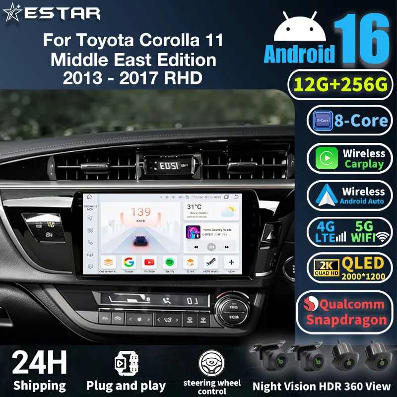 Android 16 Car Radio For Toyota Corolla 11 Middle East Edition 2013 - 2017 RHD Video GPS Multimedia Player Navi Head Unit Stereo