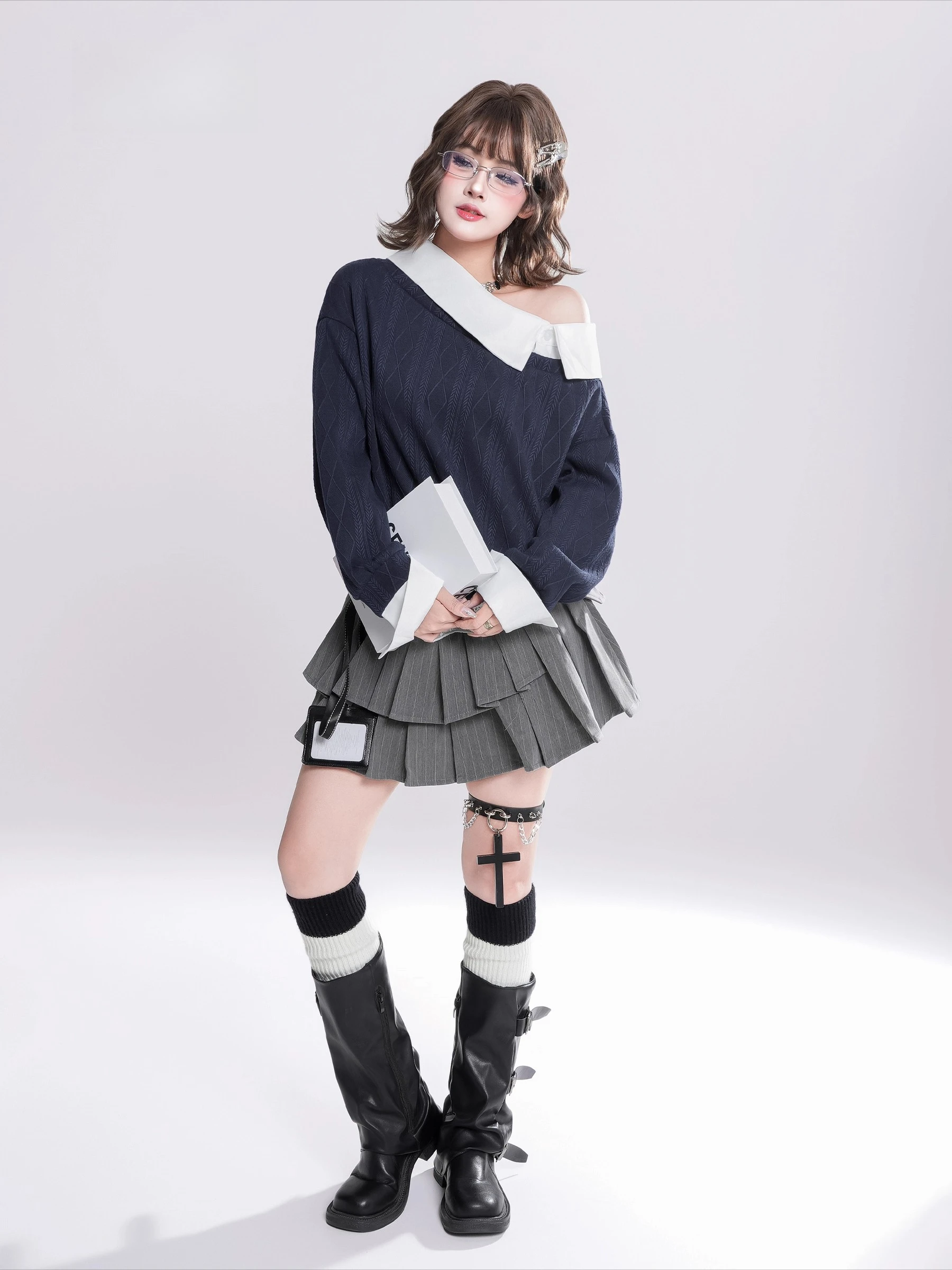 2025 Spring and Autumn New Korean Style Fake Two-Piece Patchwork Asymmetrical Long Sleeve Hoodie Loose Short Gray Casual Top