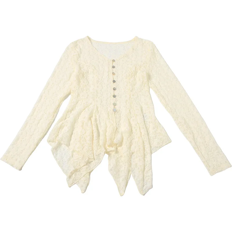 المرأة سترة تي شيرت الخريف الربيع بلون مثير الجوف خارج غير النظامية هيم الدانتيل معطف بأكمام طويلة الزي لفتاة عادية