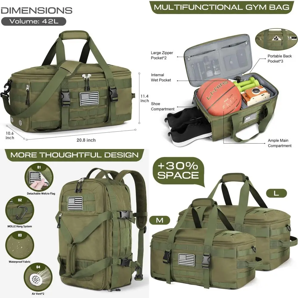 

Large Tactical Duffel Backpack with Shoe Compartment, 3-in-1 Carry-On, Travel & Weekender Bag for Workouts, Sports, and Overnigh