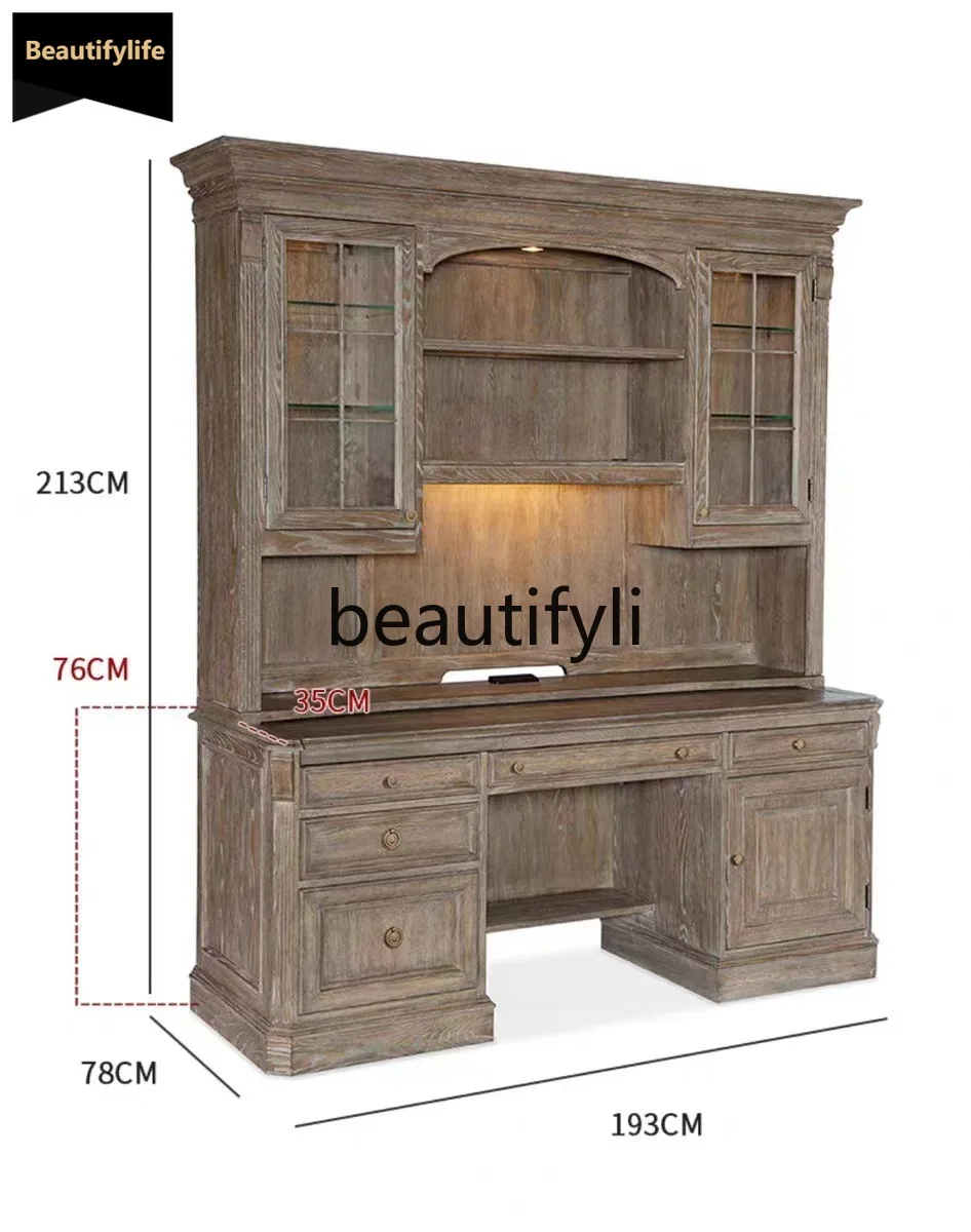 B73 Estantería de madera maciza gris desgastada americana estilo campestre francés combinación de roble estante de almacenamiento multicapa abierto sin puerta