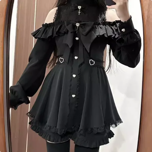 Lente Herfst Zoete Japanse Off-the-shoulder Kant Lange Mouw Jurk Hoge Taille A-lijn Leeftijdsverlagende Vrijetijdsjurken Shorts Sets