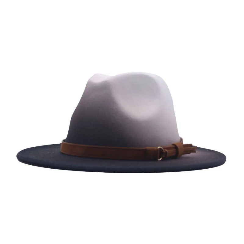 قبعة رعاة البقر السميكة الصوفية ذات الحواف الكبيرة على الطراز الأوروبي الأمريكي الجديد، قبعة علوية متدرجة بلونين للرجال والنساء، قبعة لباد الجاز #4