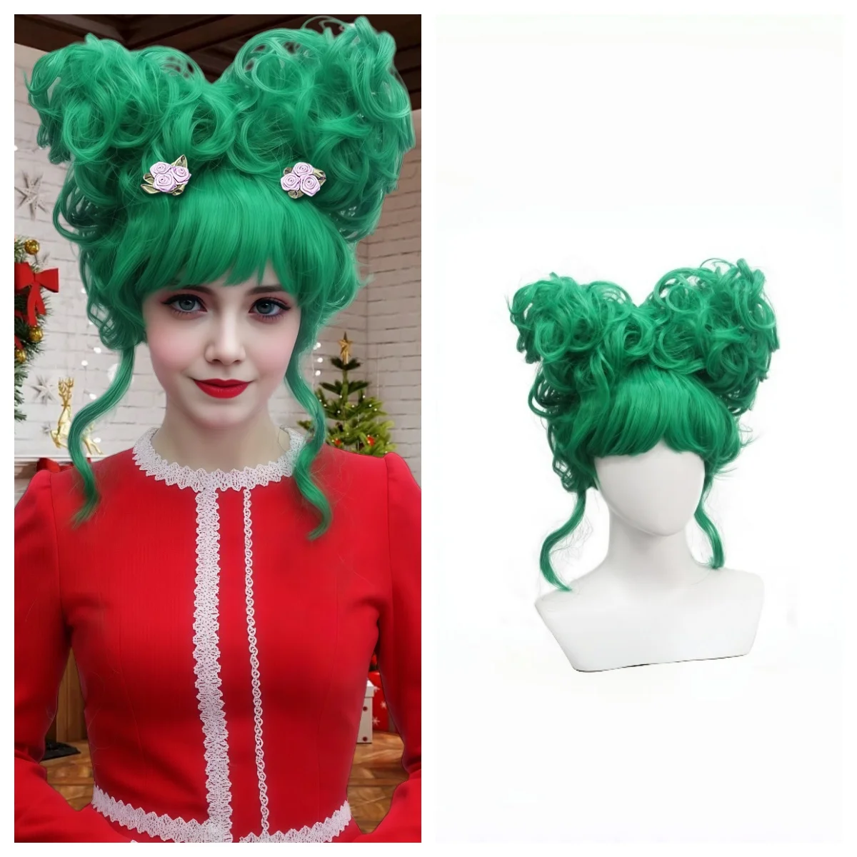 

Christmas Green Curly Hair, Vibrant Green Explosion Curly Wig, Sweet Double Bun Wig, Party Cosplay Wig