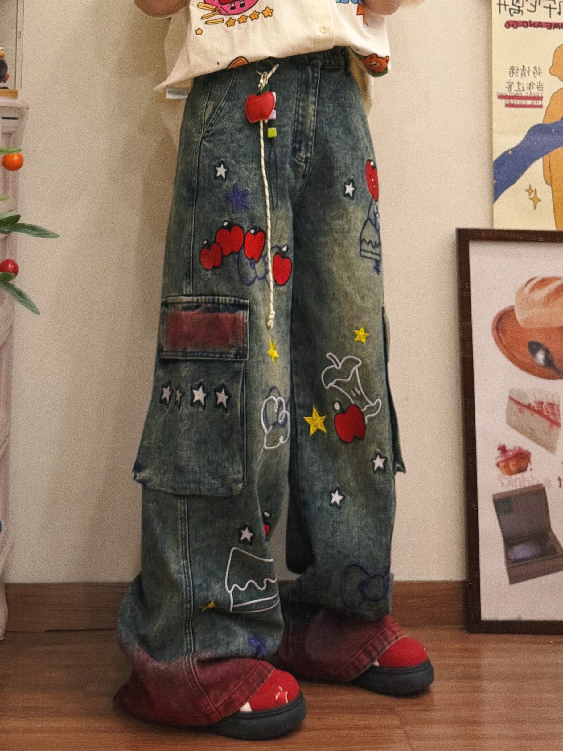 

BIBULU Retro American fiti Sle Embroidered Loose Straight Leg Jeans ex Street Casual Long Trousers