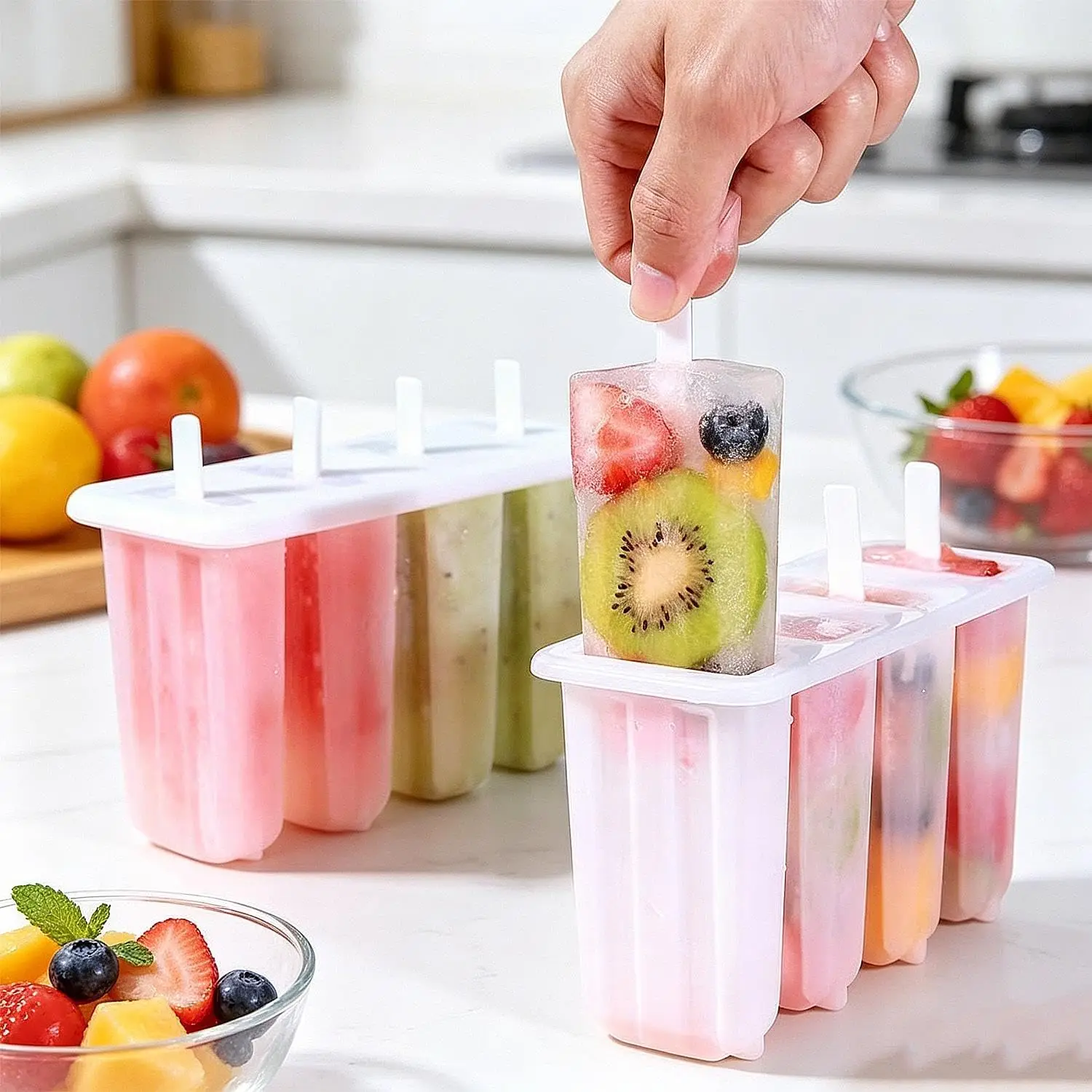 2 Pcs 4-Cavity Popsicle Mold with Lid – Reusable BPA-Free Ice Pop Maker for Yogurt, Fruit, Smoothies & Healthy Frozen Treats, Perfect for DIY Desserts, Parties & Summer Snacks