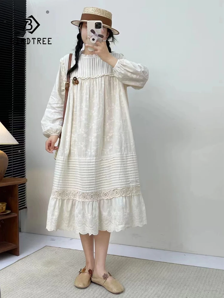 

New Autumn Cotton Long Sleeve Dresses, Women O Neck Embroidery, Mori Girl Sweet Janpan Style Loose Dress, 2024 Winter D4N133CC
