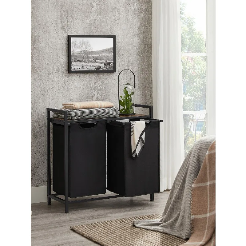Laundry Basket, Laundry Sorter With 2 Pull-Out And Removable Bags, Shelf, Metal Frame, 2 X 12.1 Gallons (46L), 28.8 X 13 X 28.4 Inches, White, Gray, Black, Light Gray