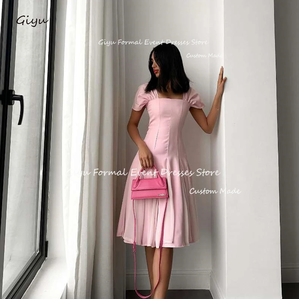 Giyu Pink Short Evening Dresses Arabic Women Knee length Cap Sleeves Square Neck Formal Party Event Dress