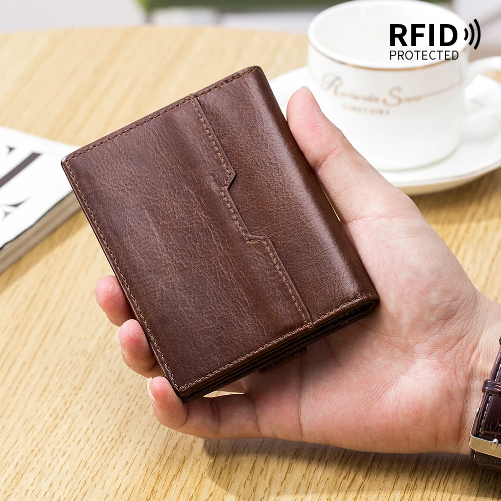 Retro Cowhide Ultra Thin Short Men's Wallet RFID Multi Card Pull Men's Card Bag Genuine Leather Fashion Zero Wallet Soft Leather