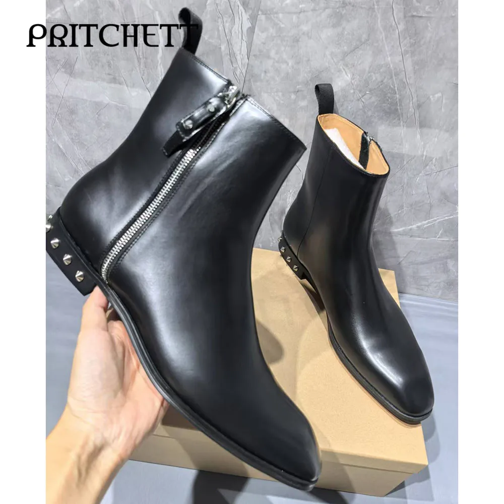 Fashion Studded Black Boots Side Zipper Pull-On Casual Leather Boots Personality Business Large Size Chelsea Men's Boots