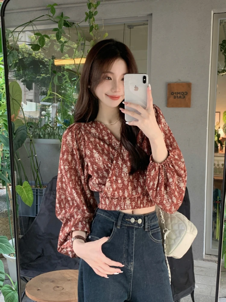 Retro Floral V-neck Long Sleeve Shirt Women's Stylish Short Tie Top Elegant Fashionable Girls' Daily Wear Spring Autumn