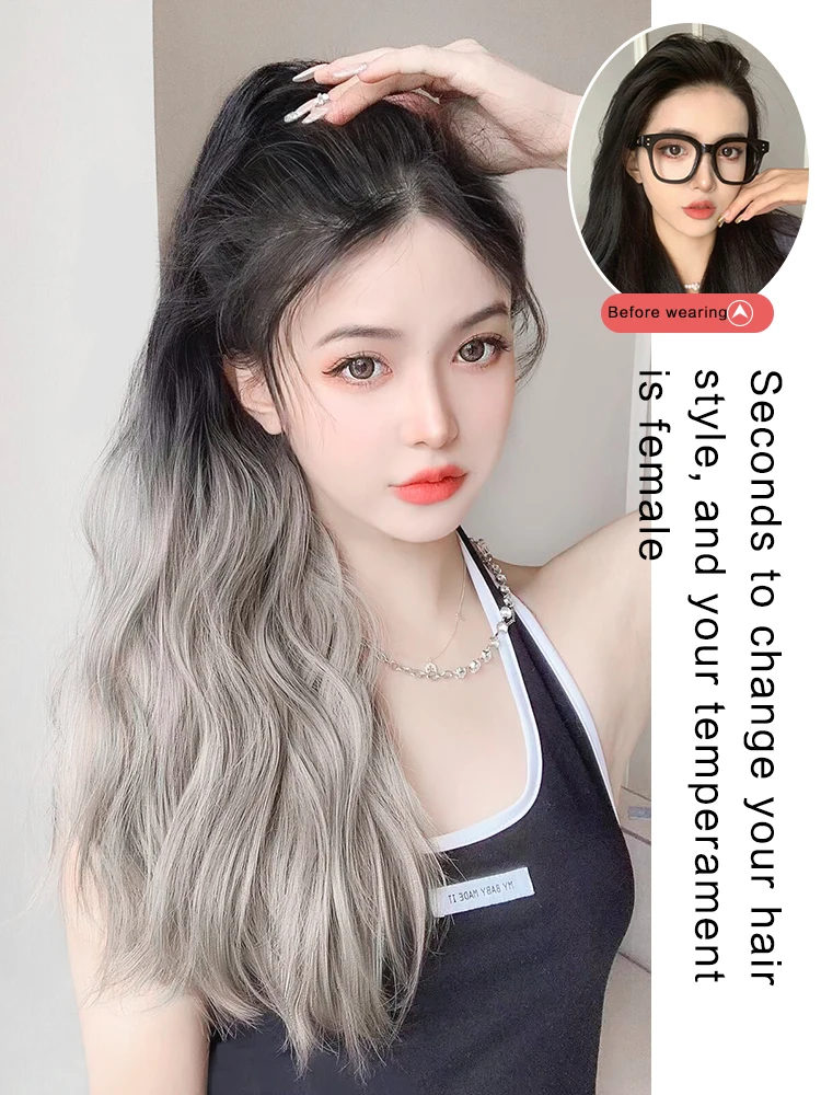 Long Wavy Straight Claw Clip On Ponytail Hair Black mixed with blue Synthetic Ponytail Hair For Women Pony Tail Hair Hairpiece
