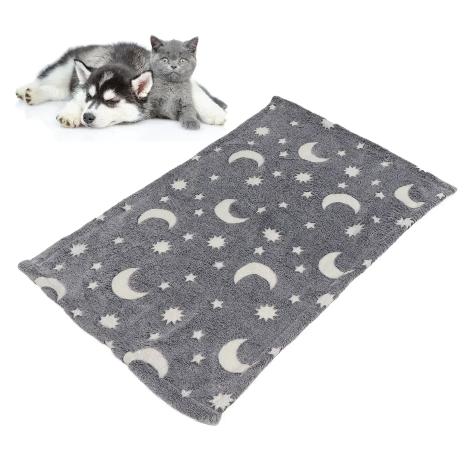 Haustier-Schlafmatte für Hunde und Katzen, weiche, verdickte Decke, Fleece, waschbar, warm, Stern- und Mondmuster, im Dunkeln leuchtend