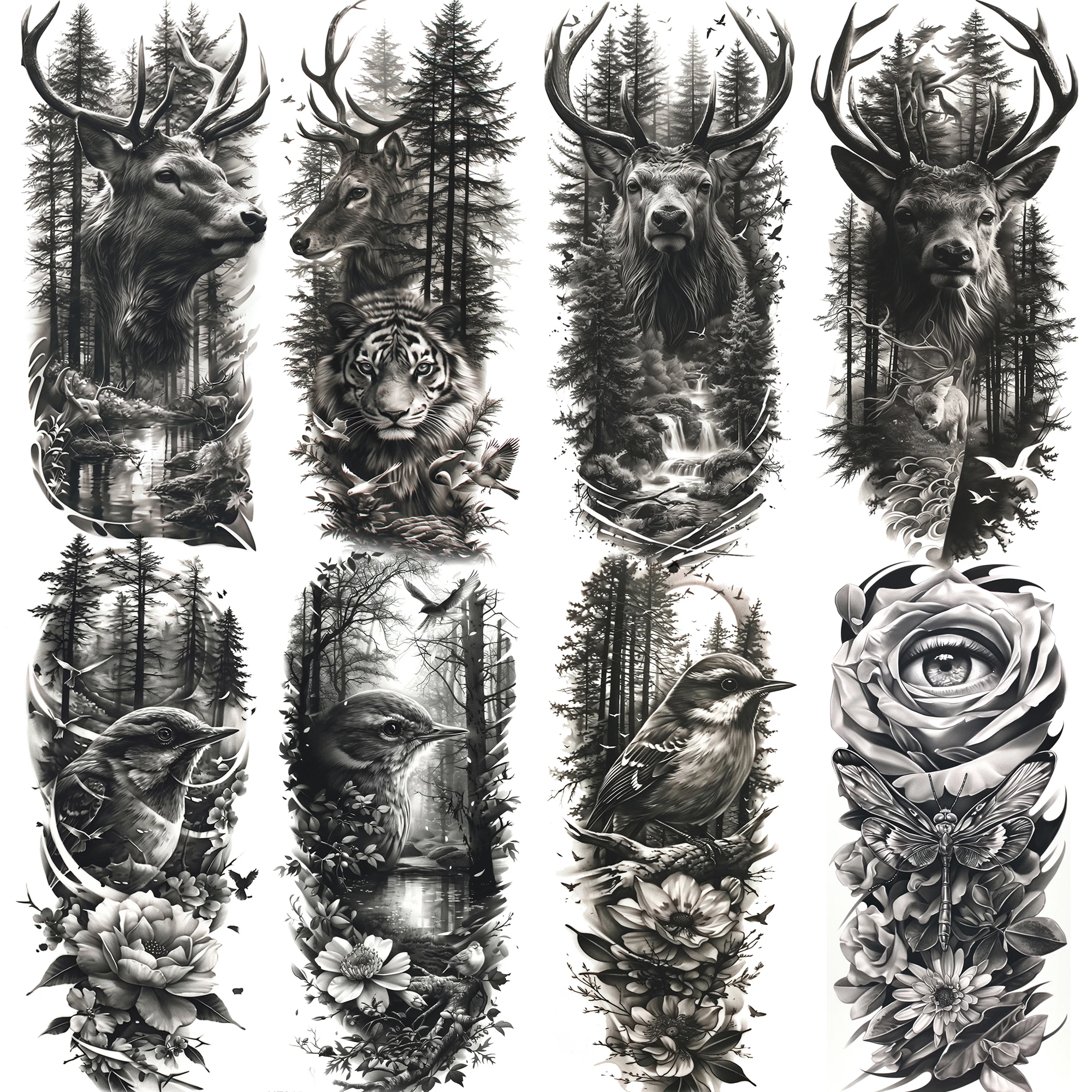 1 Sheet Creative Forest Moose Deer Birds Temporary Tattoos For Men Women Waterproof Long Lasting Realistic Fake Tattoo Stickers