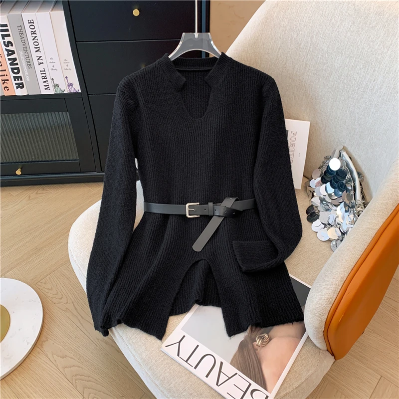 Lazy Style Sweater Set Skirt for Women\'s Autumn and Winter V-neck Pullover Knitted Sweater Top Half Skirt Fashion Two-piece Set