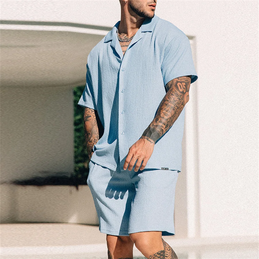 2025 novo conjunto de duas peças masculino manga curta lapela botão camisas e shorts ternos praia roupas masculinas verão streetwear agasalho