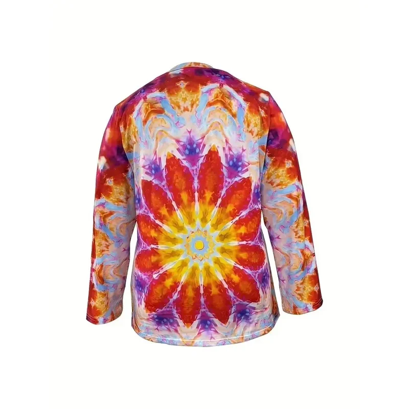 تي شيرت بطبعة زهور بمقاس كبير، تي شيرت كاجوال بأكمام طويلة ورقبة على شكل حرف V، ملابس نسائية بمقاسات كبيرة