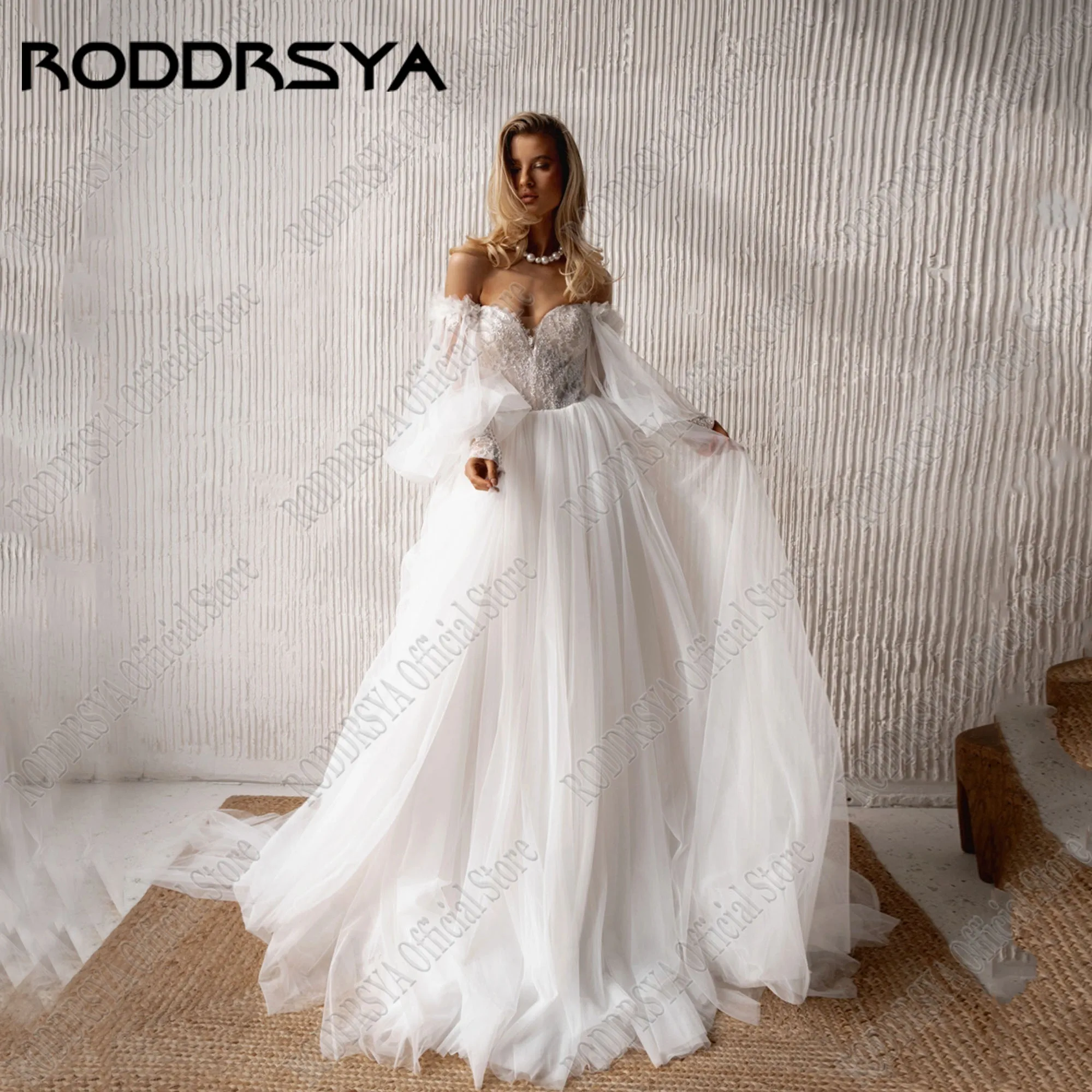 

RODDRSYA Lace Sweetheart Wedding Gowns Long Puff Sleeves A-Line Tulle Bride Dresses Civil robe de mariée Sweep Train Custom