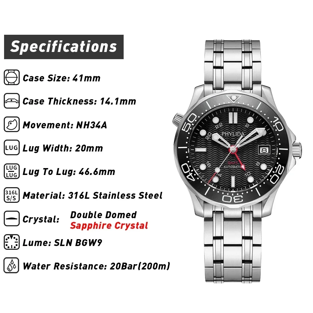 Relógio automático masculino PHYLIDA NH34A GMT Dual Time com mostrador preto ondulado e cristal de safira, resistente à água 20ATM