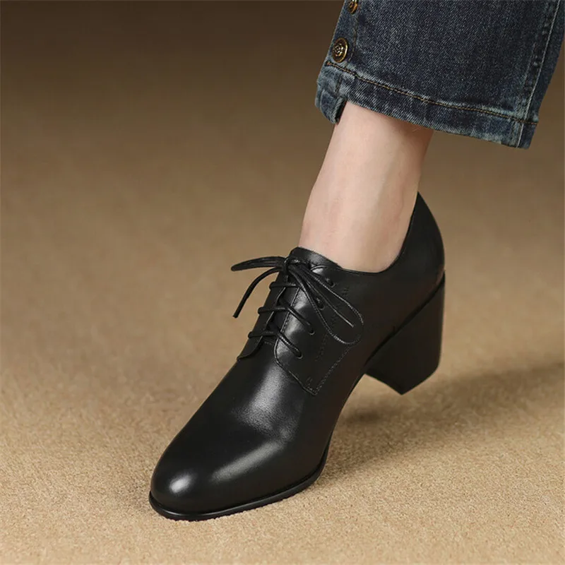 New Spring Genuine Leather Women Shoes Round Toe Women Pumps Shoes for Women High Heel Chunky Heel Shoes Zapatos Mujer Loafers