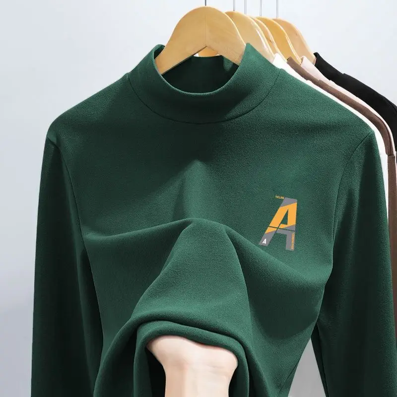Men's Thermal Long Sleeve Shirts Crew Neck De Velvet Slim Half High Collar Base Layer Top Printed Letters Casual Warm T-shirt