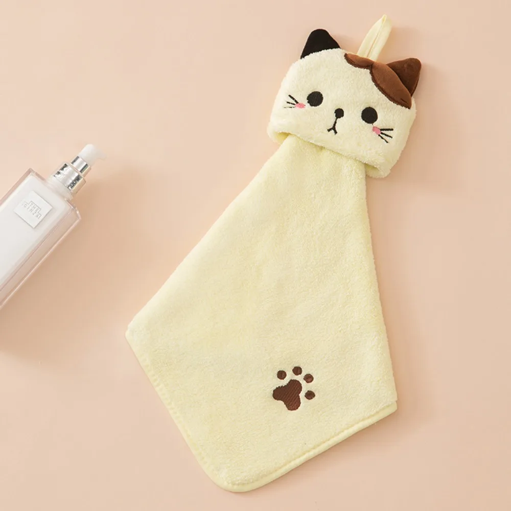 Cute Coral Fleece Cat Hand Wipes Soft Absorbent Embroidered Hand Towel Hanging Hanging Absorbent Towel